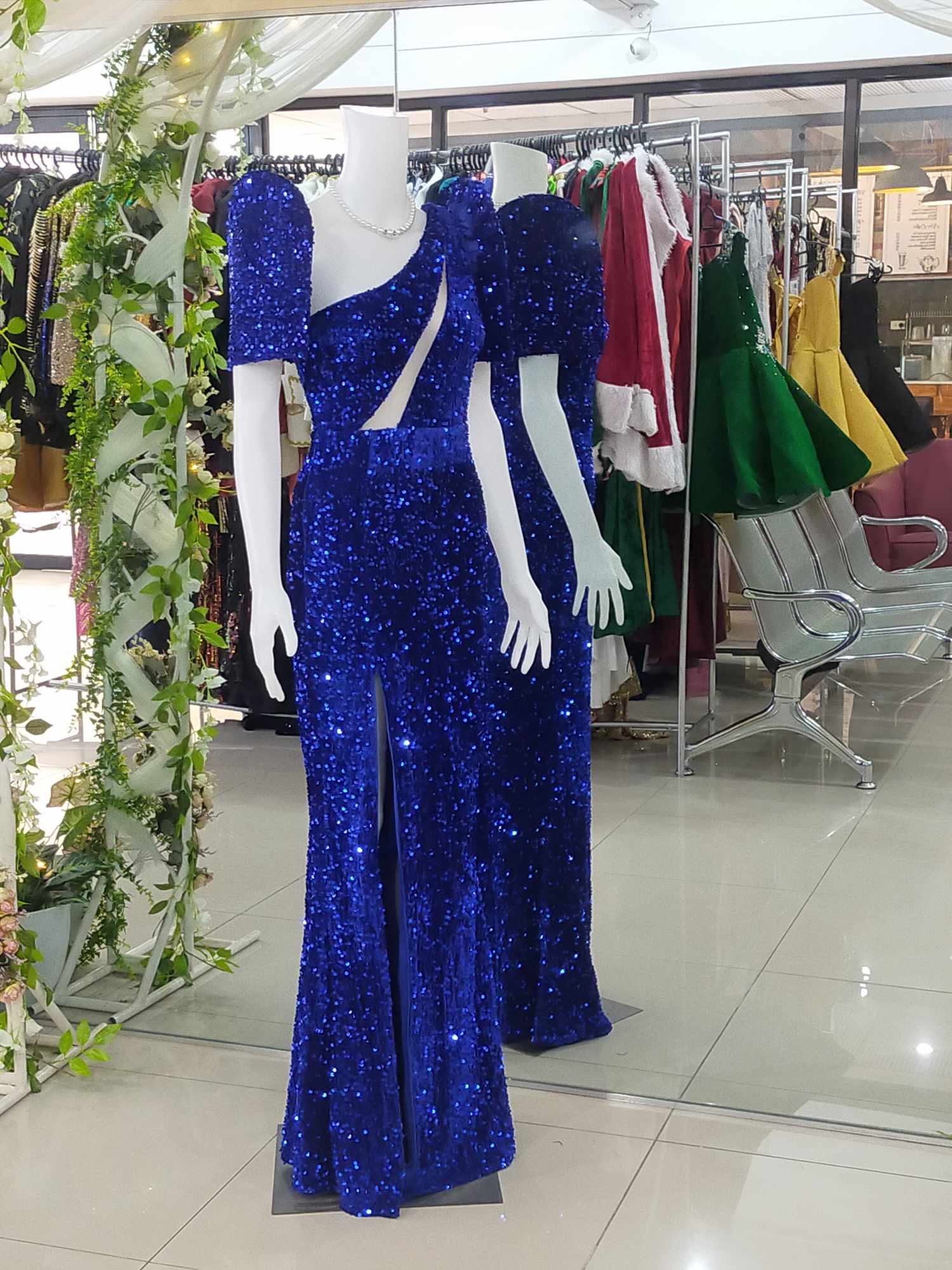COMBI Royal Blue Puff+Royal Blue One Shoulder Modern Filipiniana Gown