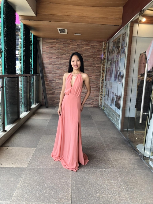 Halter Peach Cleavage Bridesmaid Long Gown