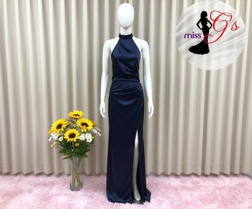 Navy Blue Halter Backless Slit Bridesmaid Long Gown