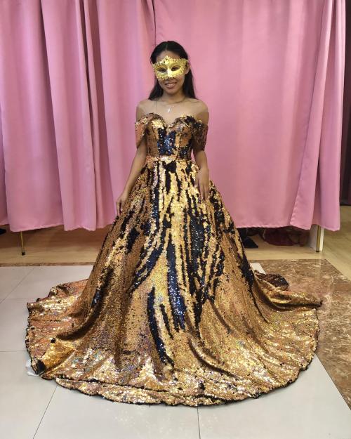 Gold and Midnight Blue Full Sequins Ball Gown