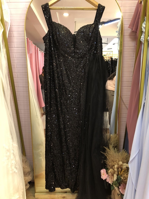 Plus Size Black Off Shoulder Draped Side Sequins Long Gown