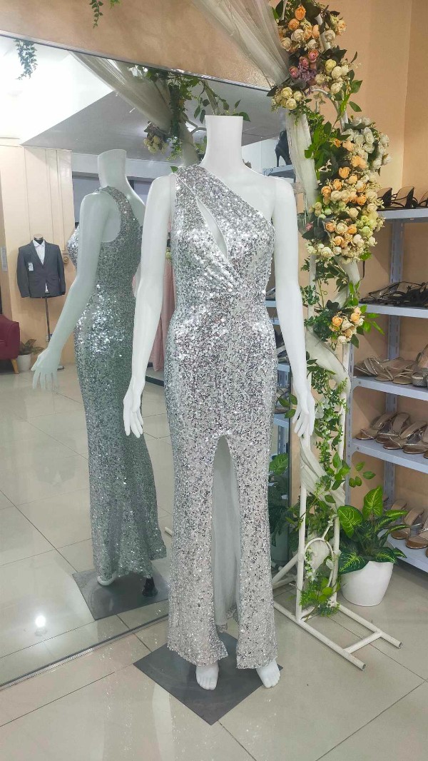 One Shoulder Silver Sequins Glittery Slit Long Gown