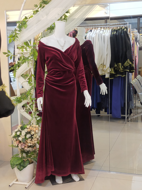 Red Velvet Longsleeves Offshoulder Long Gown
