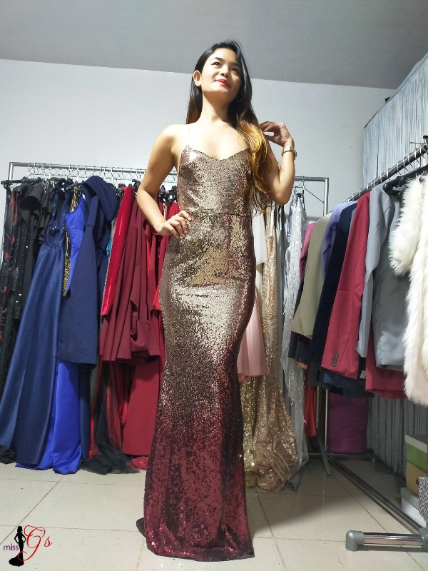 Rose Gold Maroon Ombre Sequins Glittery Gown