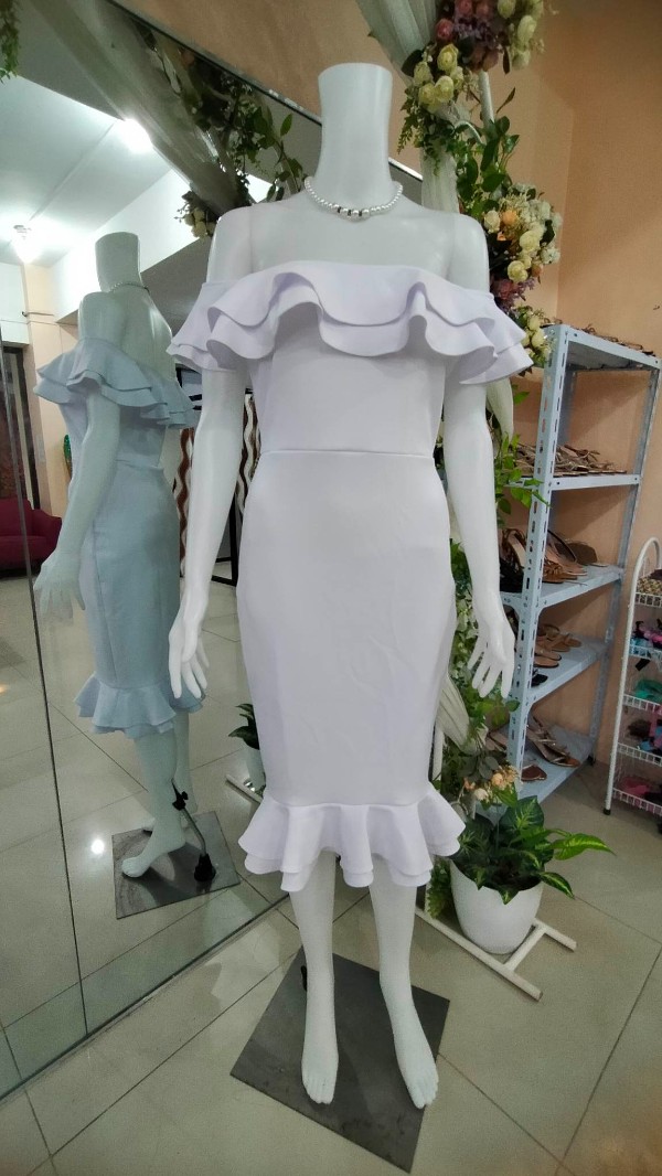Raffled Two-way Offshoulder White Coctail  Civil Wedding Dress