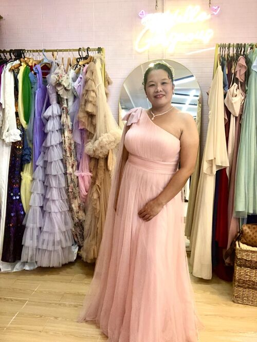  Romantic One Shoulder Bowknot Tulle Bridesmaid Dress