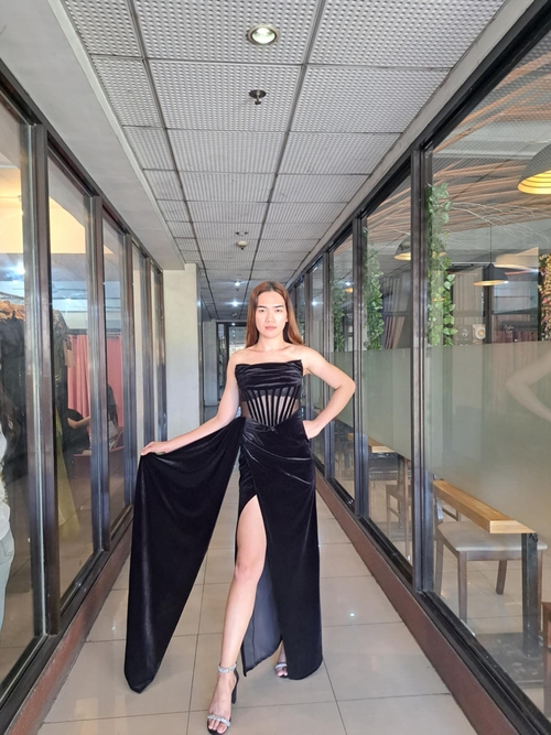 Black Velvet Tube Corset Drape Long Gown