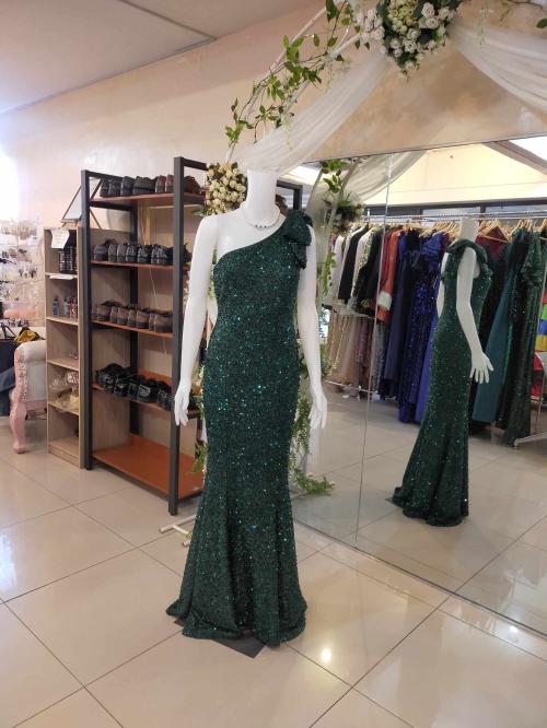 Emerald Green One Shoulder Ribbon Sequins Glittery Long Gown