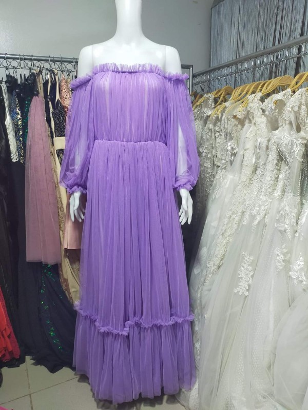 Lavender Robe Boho Offshoulder Longsleeves Tulle Gown