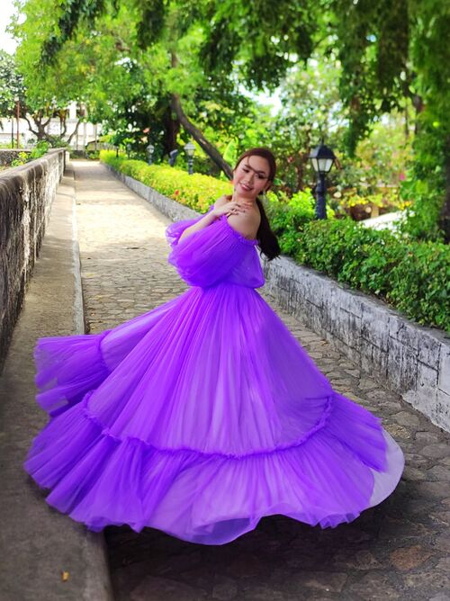 Lavender Robe Boho Offshoulder Longsleeves Tulle Gown