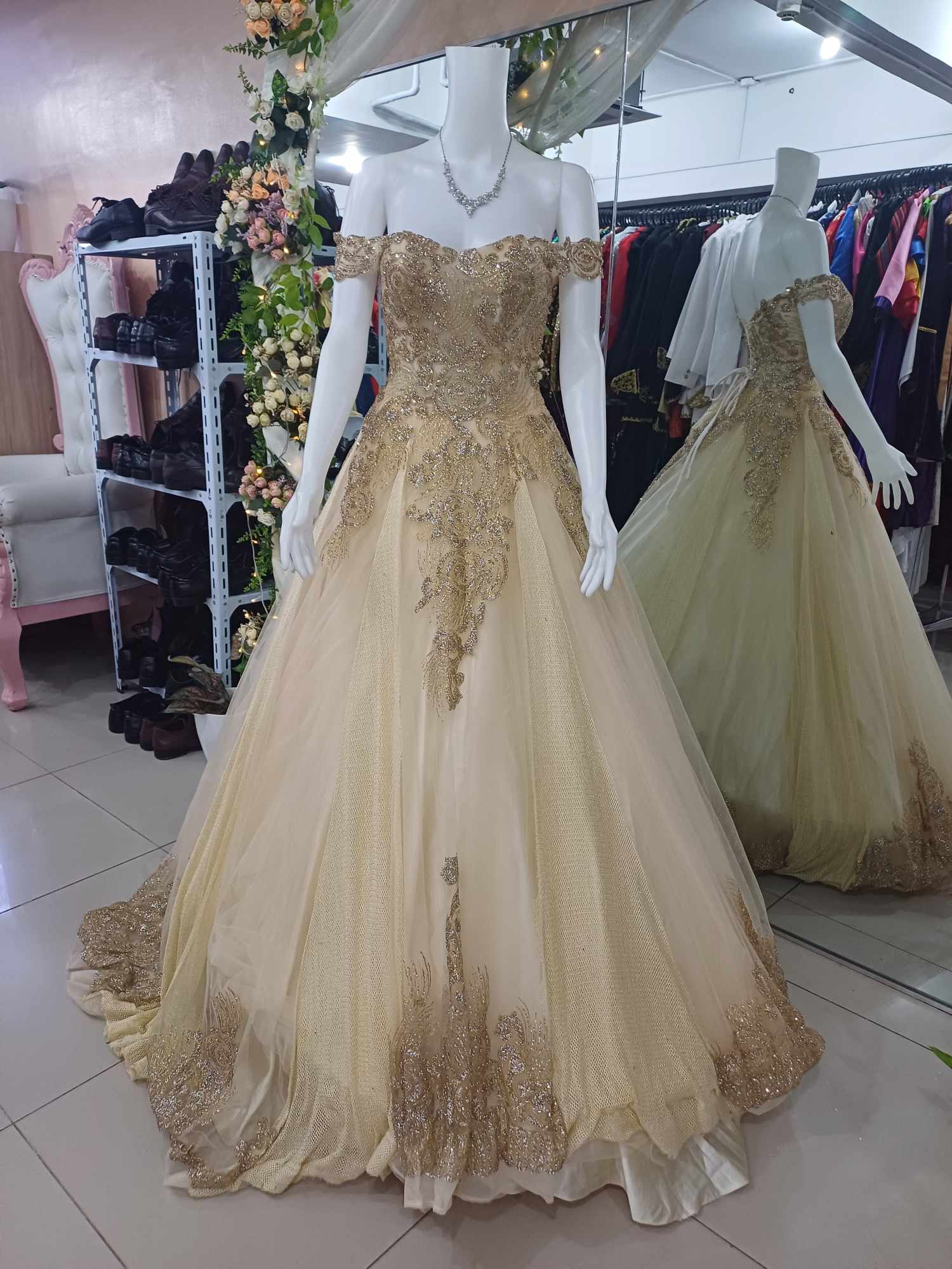 Princess Yellow Offshoulder Embroidered Ball Gown