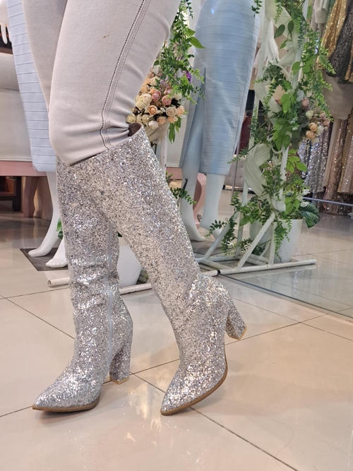 Silver Glittery Knee Boots