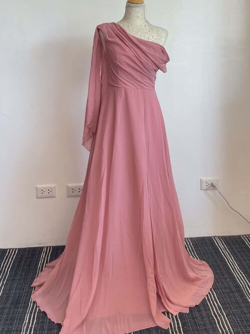 Old Rose Assymmetrical Neck One Shoulder Chiffon Bridesmaid Gown with Slit