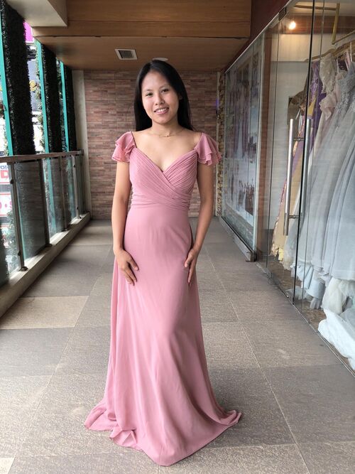Old Rose Off Shoulder Ruffled Sleeve Bridesmaid Gown