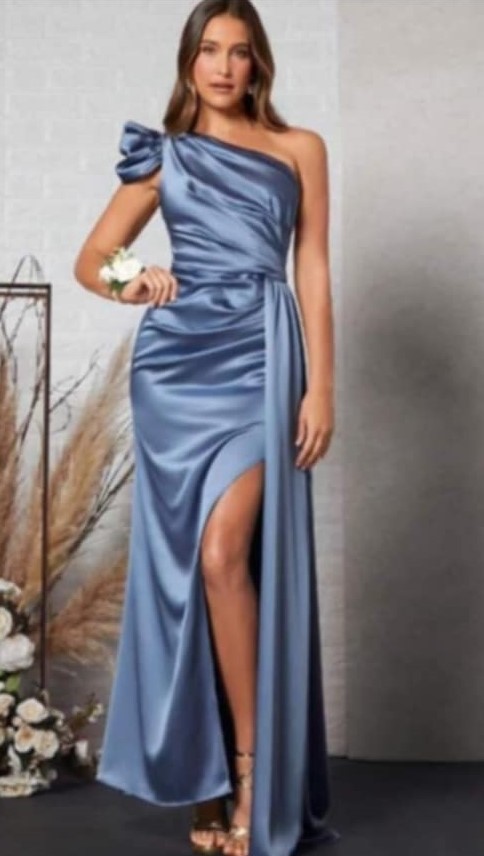 Dusty Blue Satin One Shoulder Drape Bridesmaid Gown