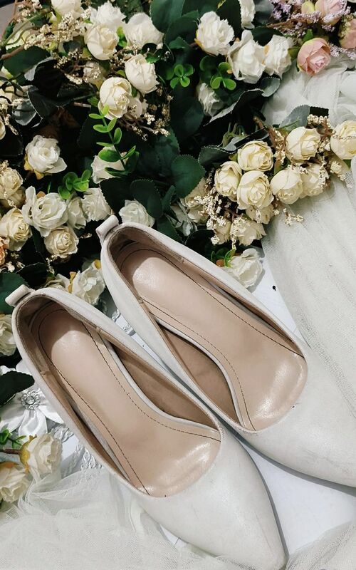 White Pearl Bow Ankle Strap Bridal Shoes Heels