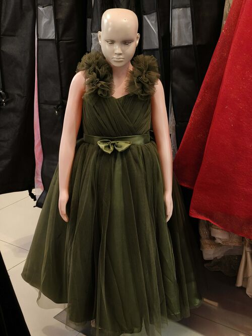 Olive Green Flower Girl Tulle Kids Dress