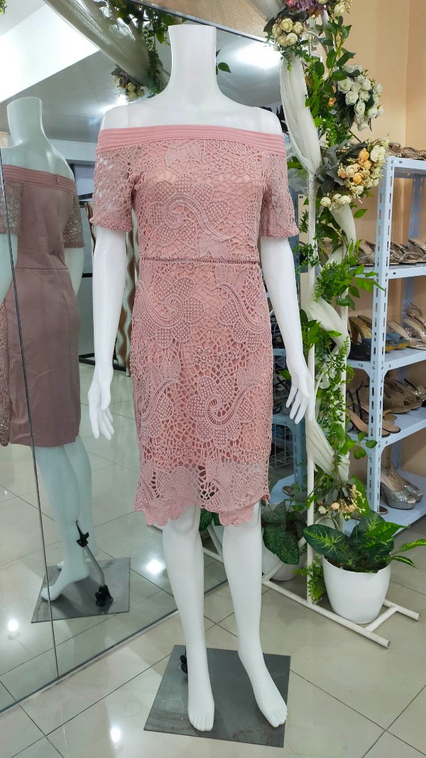 Old Rose Lace Off-Shoulder Cocktail Mother Dress