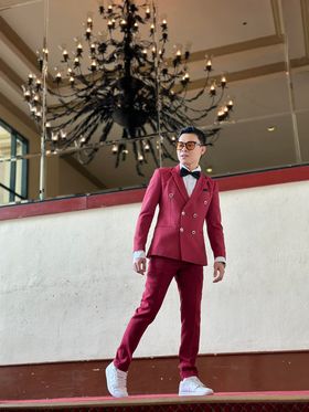 Barn Red 6 Button Black Ribbon Pocket Men Tuxedo Suit