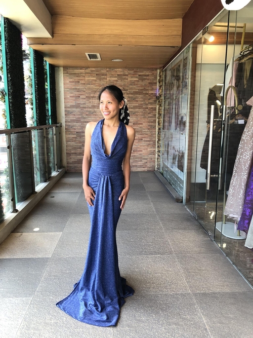 Dark Blue Elegant Knitted Sparkly Ruffle Neck Long Gown 