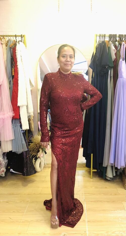 Maroon Glittery Turtle Neck Half See-through Long Gown