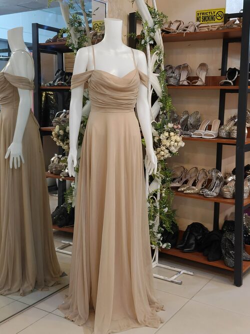 Champagne Elegant Cold Shoulder Adjustable Back Bridesmaid Gown 