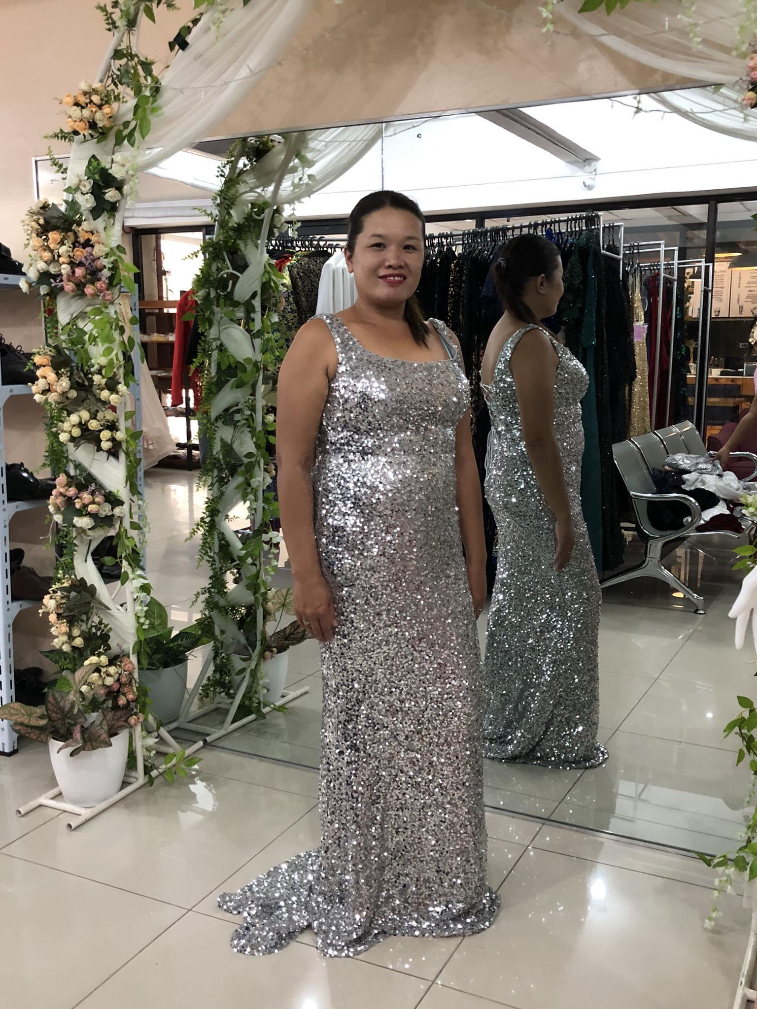 Plus Size White Sequins Square Neck Sleeveless Long Gown