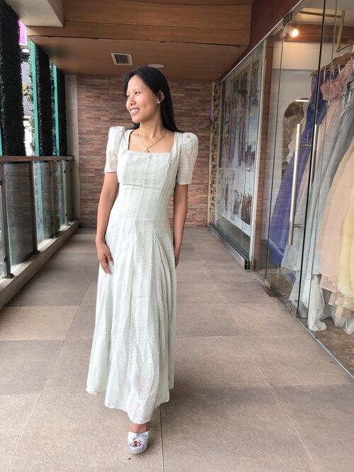 Sage Green Eyelet Square Neck Filipiniana Long Gown