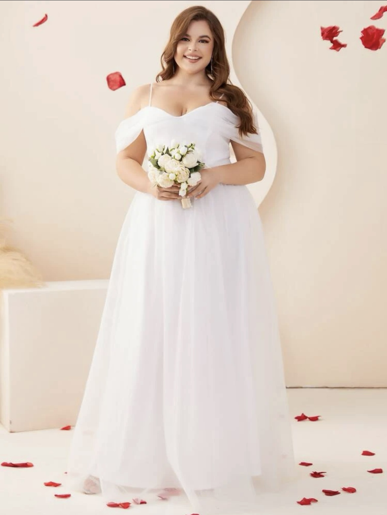White Plus Size Offshoulder Mesh Flowy Wedding Gown