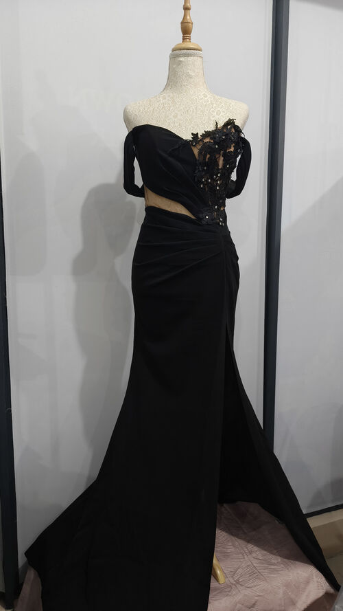 Black Off Shoulder One Side Flower Design Long Gown