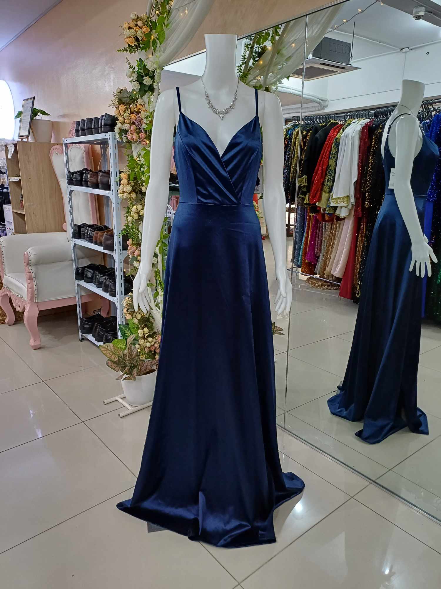 Navy Blue V neck Slide Slit Satin Gown