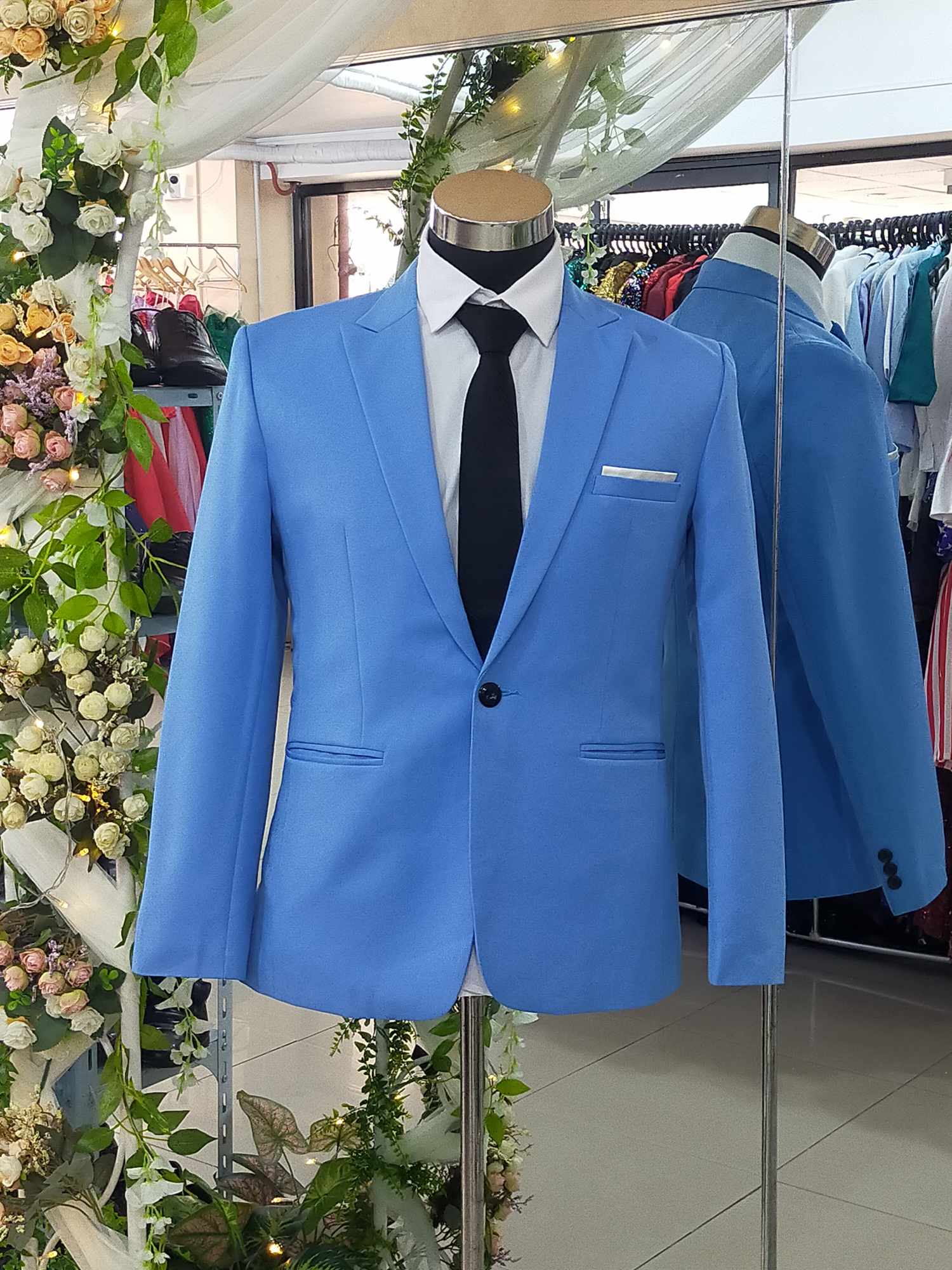 Powder Blue Black One Button White line Pocket Men Suit