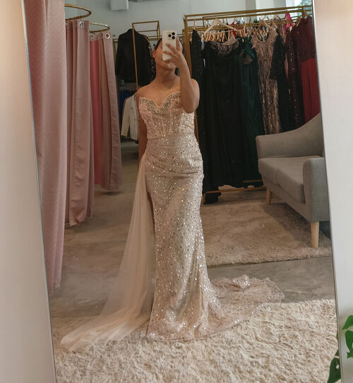 Rosegold Tube Glittery Draped Long Gown