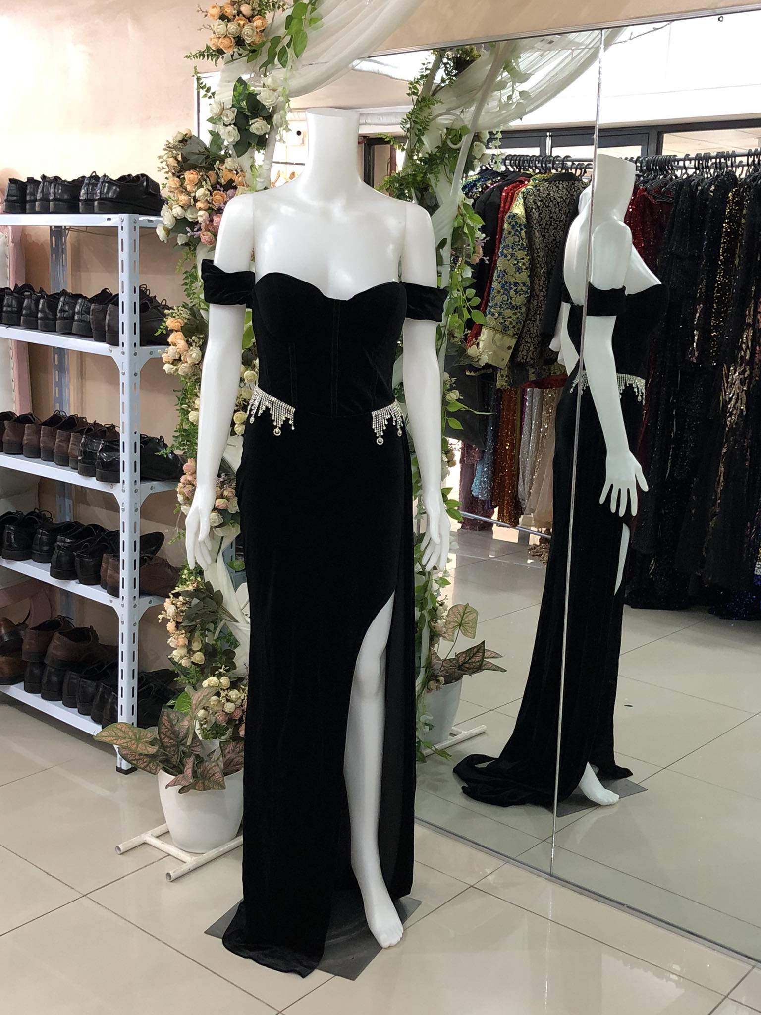 Glamorous Split Thigh Silver Waist Black Velvet OffShoulder Evening Dress