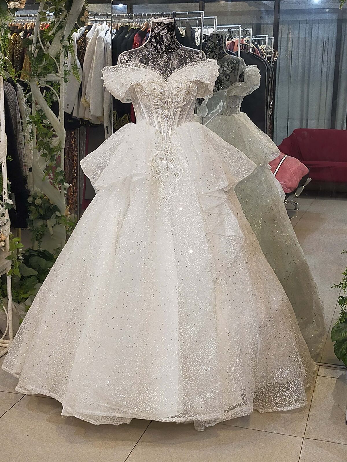 White Beaded Diamond Lace Off-Shoulder Ruffle Wedding Gown