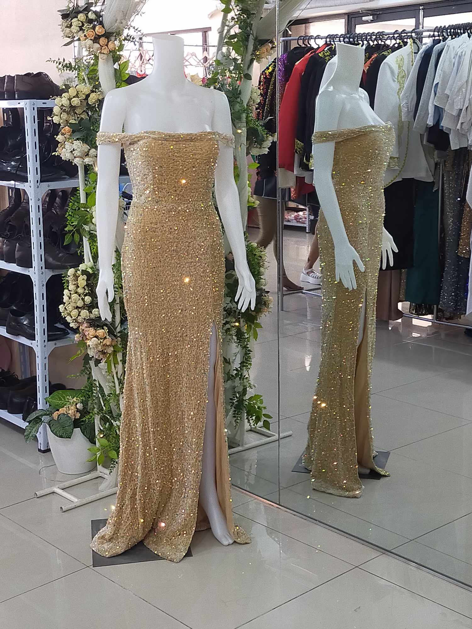 Gold Sequins Glittery Minimal Strap Long Gown