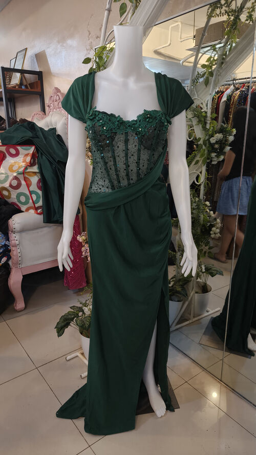 Green Off shoulder Flowerr Design Long Gown