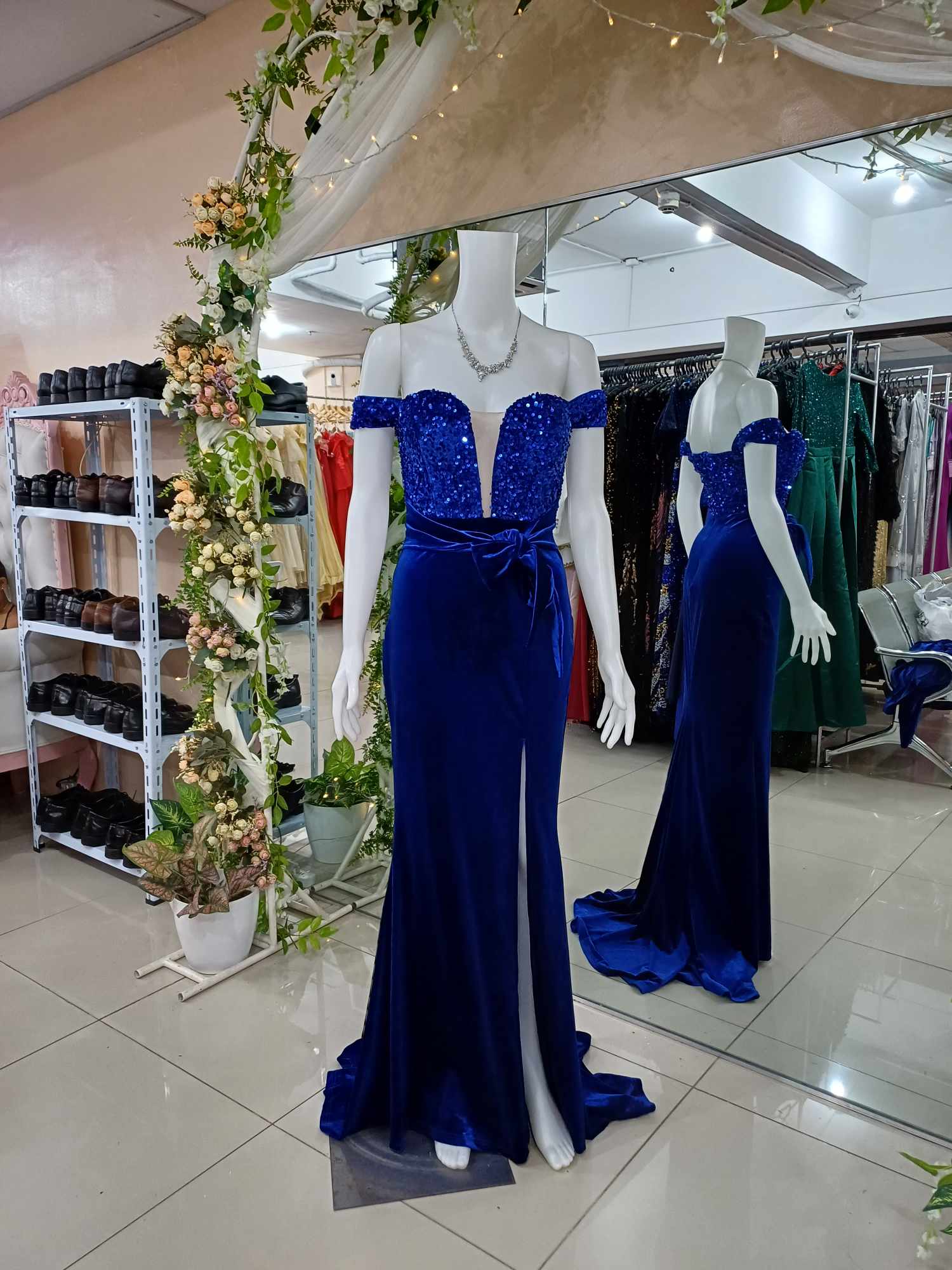 Royal Blue Velvet Offshoulder Sequins Glittery Slit Long Gown