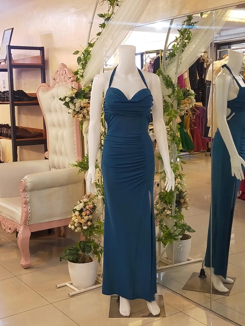 Teal Blue Sexy Back Slit Gown