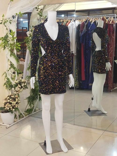 Black Colorful Longsleeves Open Back Sequins Glittery Cocktail Dress