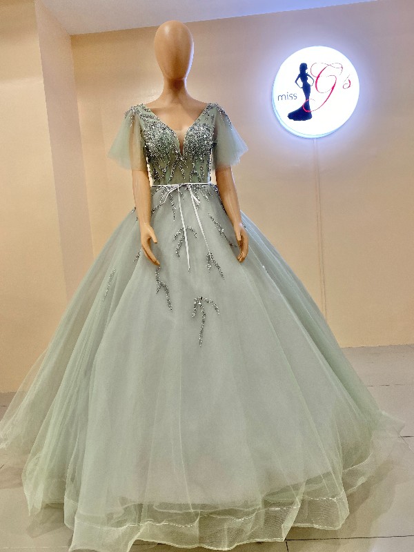 Sage Green Cleavage Sequins Ball Gown