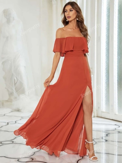 Burnt/ Rust Orange Offshoulder Chiffon Slit Bridesmaid Gown