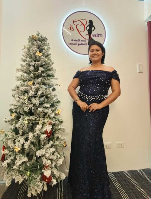 Plus Size Navy Blue Pearl Beads Design Glittery Long Gown