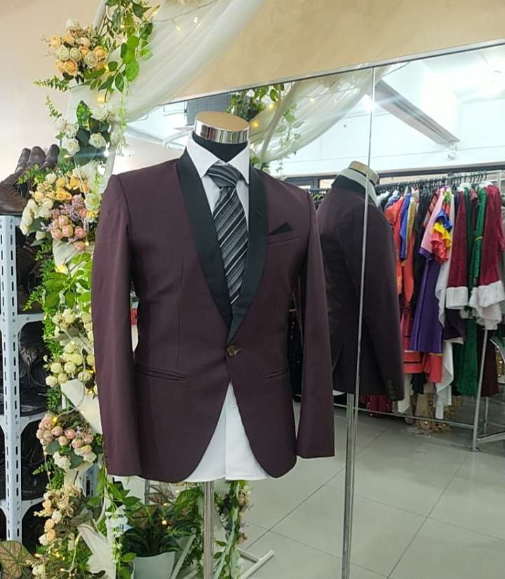 Purple Wine Black Collar Ribbon Pocket Men Suit
