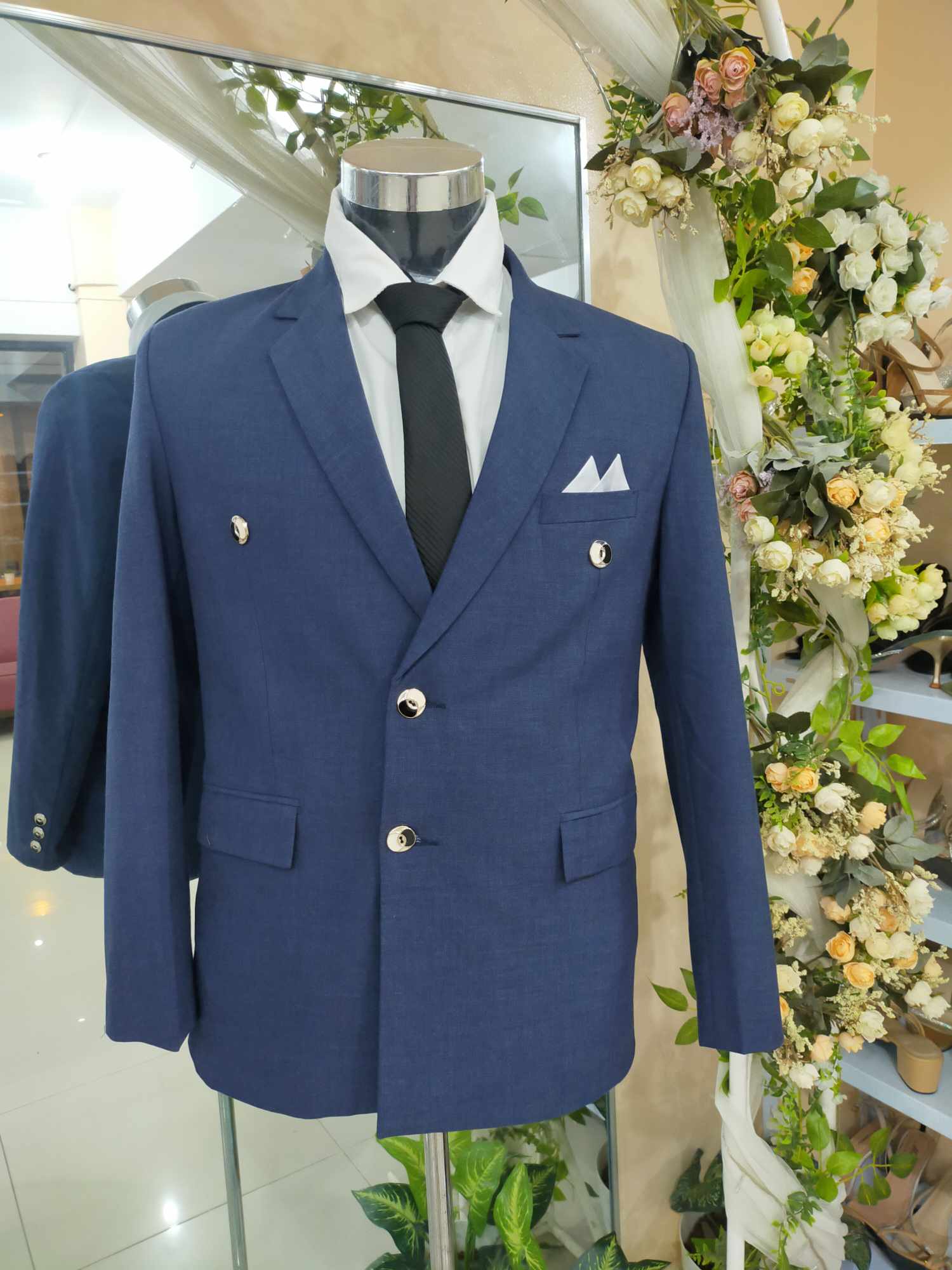 Dark Blue Double-breasted With White Ribbon-4B Suit / Tuxedo