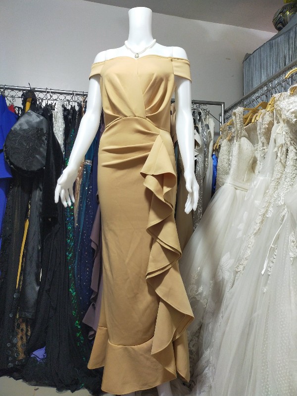 Nude Offshoulder Ruffle Mother Gown