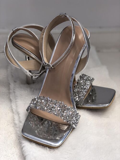 Silver Crystal Strappy Square Heels