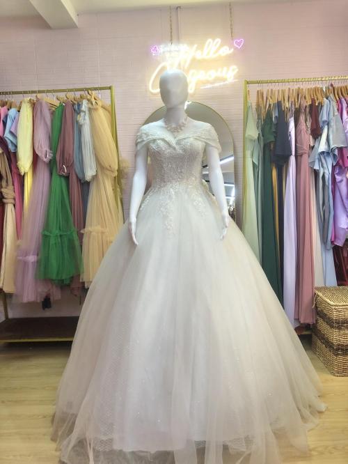Offshoulder Beads Mesh Double Fold Wedding Gown