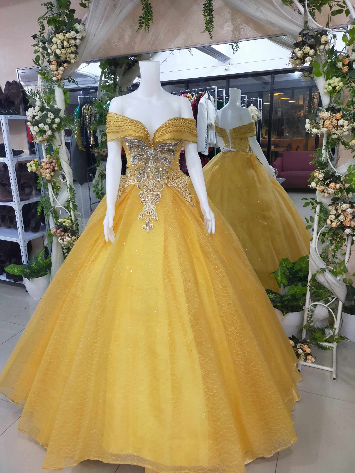 Golden Yellow Offshoulder Beads Detailed Ball Gown