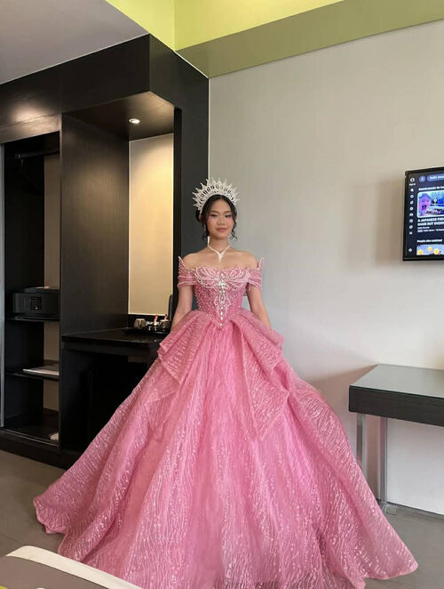 Light Pink Diamond Designs Off Shoulder Ball Gown